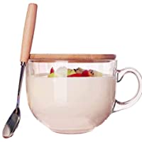 TAMUME 470ml Copa de Cristal para Microondas con Tapa de Madera- Incluye una Cuchara con Mango de Madera- Taza de Café…